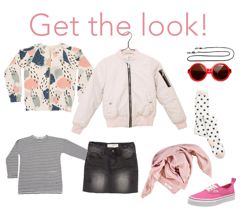 Get the Look - Frühlingsoutfit für Mädchen mit Jeansrock und rosa Bomberjacke