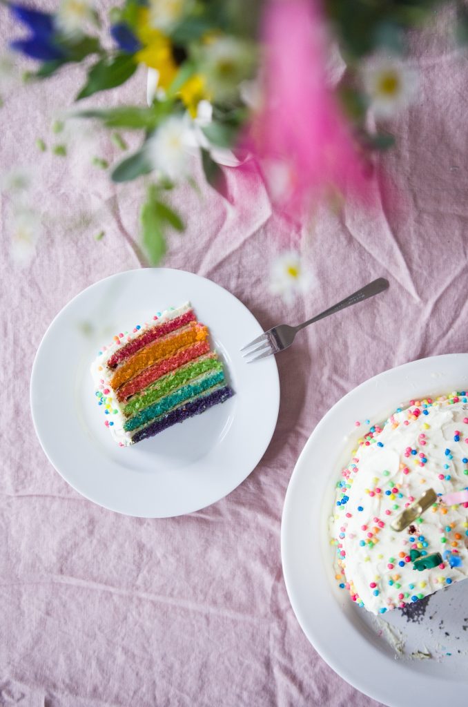 Rezept Regenbogenkuchen. Rainbowcake zum Kindergeburtstag.